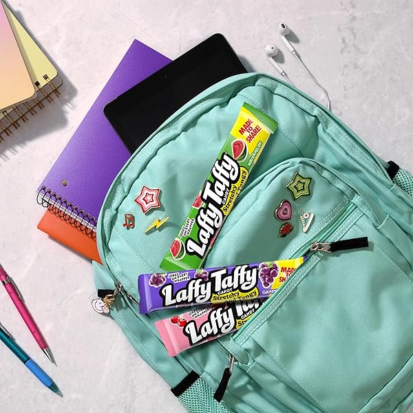 LAFFY TAFFY STRETCHY & TANGY VARIETY CANDY BOX, GRAPE, WATERMELON, AND CHERRY FLAVORS, 1.5 OUNCE BARS (PACK OF 24)