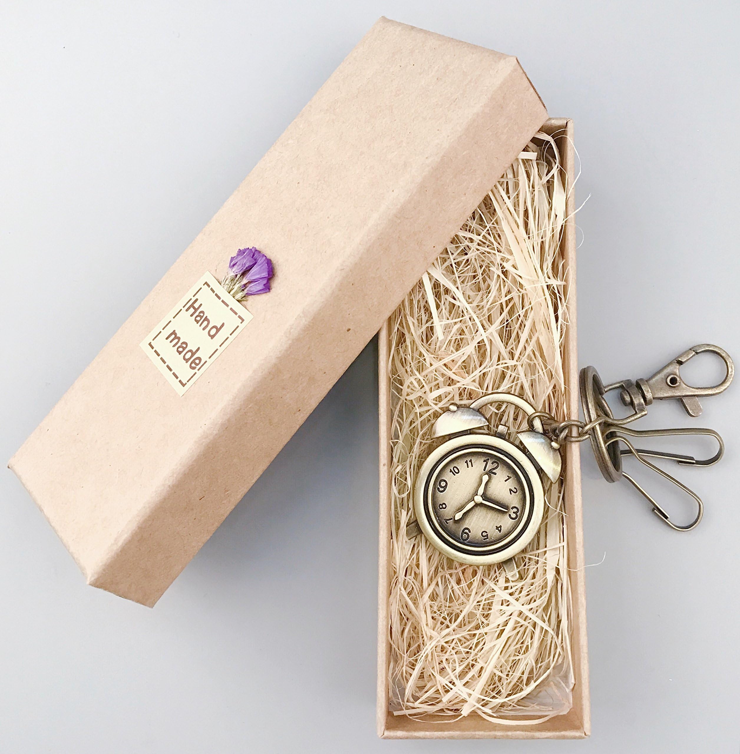 eMosQ Classic Vintage Metal Brass Creative Handmade Keychains Beautifully Gift Boxed (Alarm Clock - Antique Bronze)