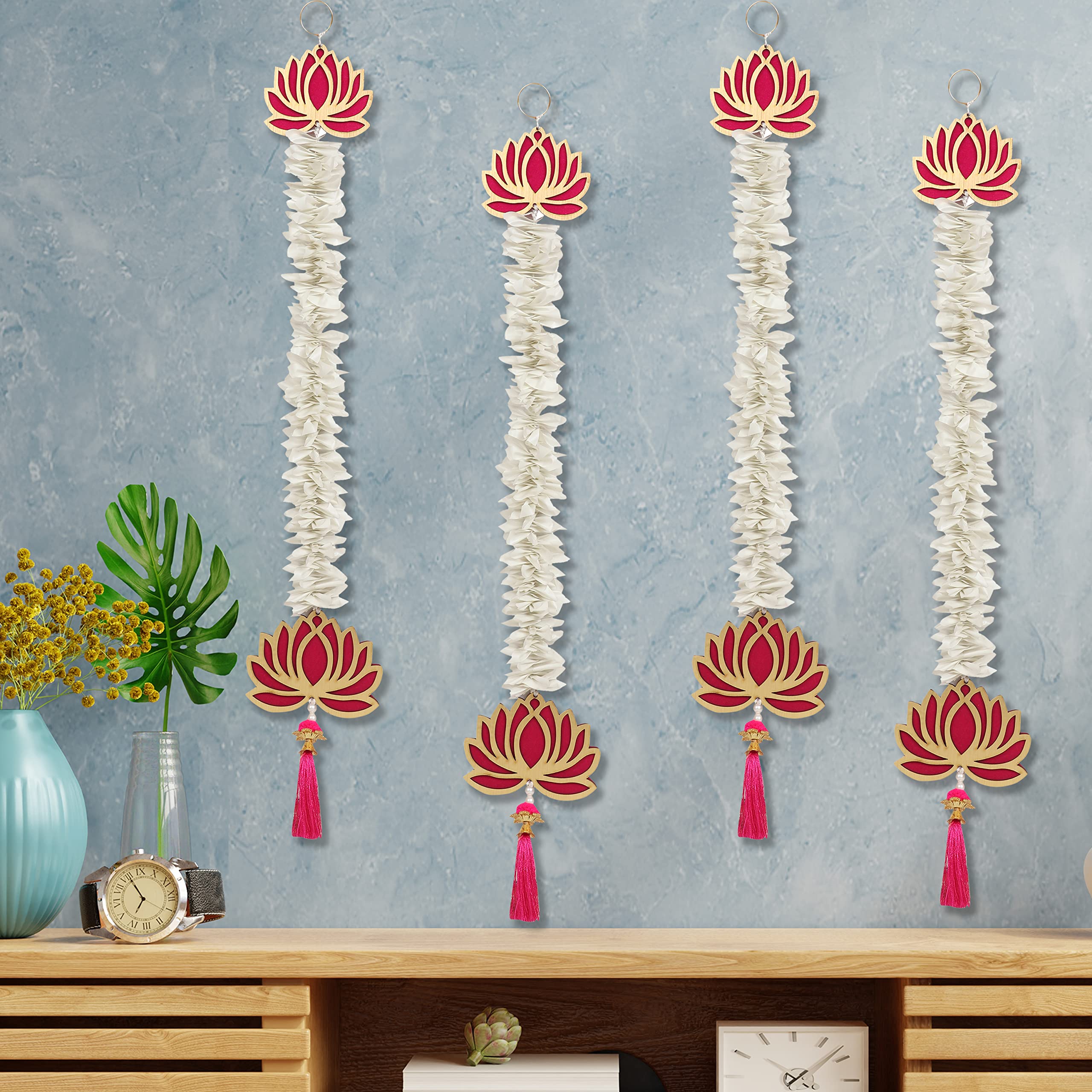 Smizzy Lotus Decoration/Floral Wall Hangings for Temple | Pooja Room | Back Dropper | Indian Diwali Decor Gift Item Wedding, Pack of 4, 21 in Long, White