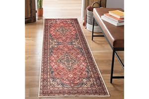 Bloom Rugs Washable Non-Slip 7 ft Runner - Red/Teal Blue/Yellow Traditional Medallion Runner for Entryway, Hallway, Bathroom, and Kitchen - Exact size: 2.5' x 7'
