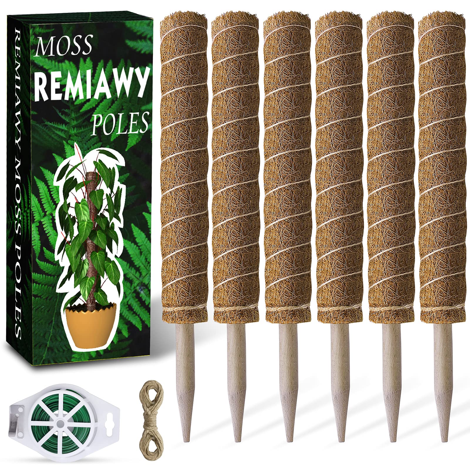 Moss Pole 173 cm 68 Inch, 6 Pack Plant Moss Pole for Plants Monstera, 40cm Coir Totem Sticks for Climbing Support Extension Indoor Sticks with 65 Feet Garden Twist Tie
