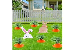 Vivantia 8 Pack Easter Yard Signs with Stakes Creative Metal Carrot Garden Stakes with Faux Leaves Easter Bunny Lawn Signs Outdoor Rabbit Artificial Fern Plants Decorations for Spring Party Supplies