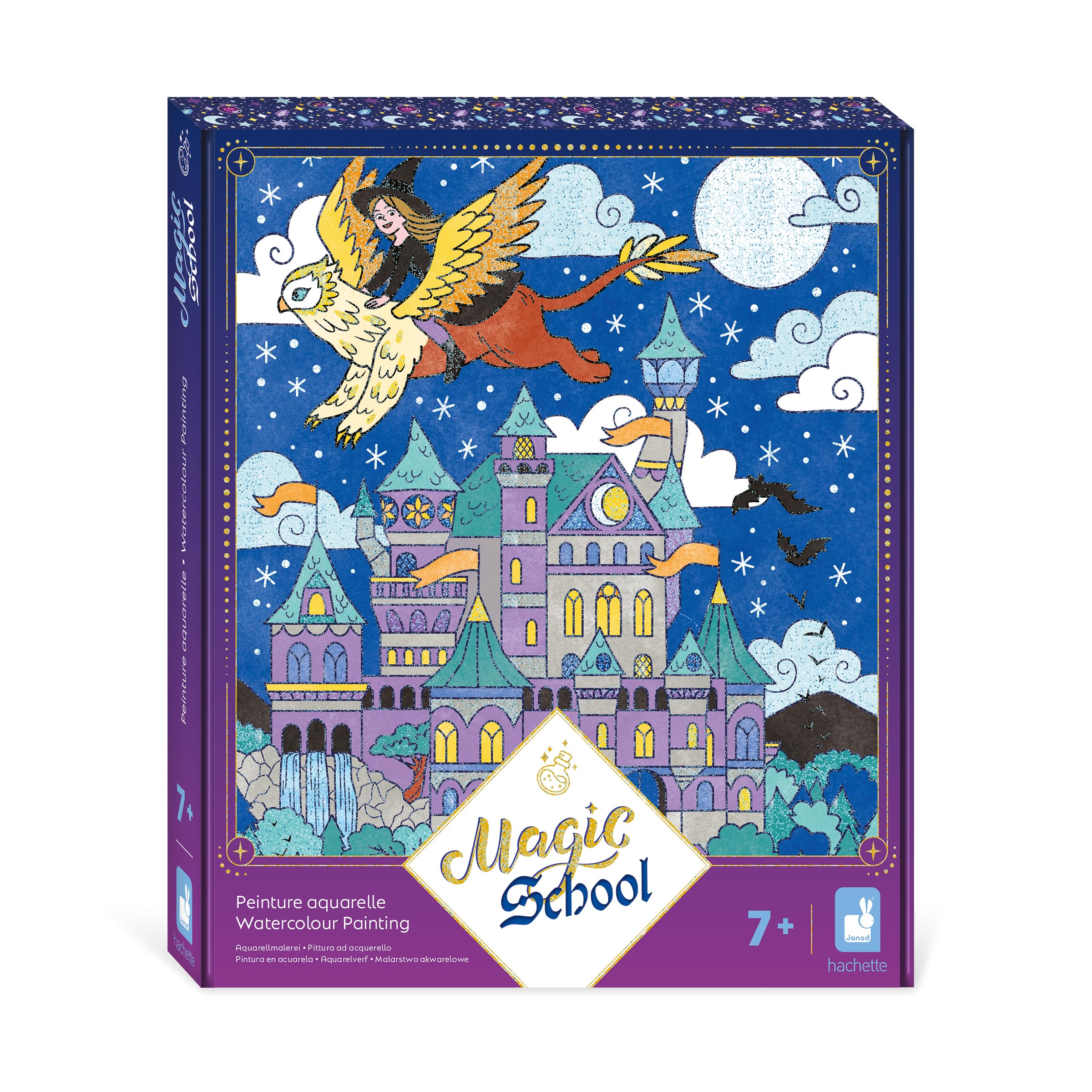 Janod - 4 Paintings with Glittery Lines - Watercolor Painting - Magic Theme - Magic School - Children's Creative Leisure Kit - Learning Fine Motor Skills and Concentration - From 7 years old - J09108