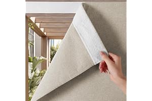 NICETOWN 100% Blackout Linen Outdoor Curtains for Patio, Waterproof & Windproof Gazebo Curtains Sticky-Back Top & Back Tab Bottom, Sun Shades with 2 Straps & Rope, W52 xL84, Natural, 2 Panels