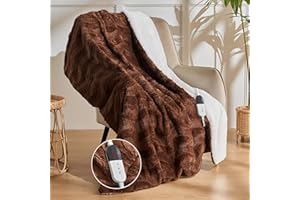 Auemtyn Heated Throw - Soft Faux Rabbit Fur & Fleece, 6 Heating Levels, 4 Time Settings, Auto Shut-Off, Overheat Protection, ETL & FCC Certified