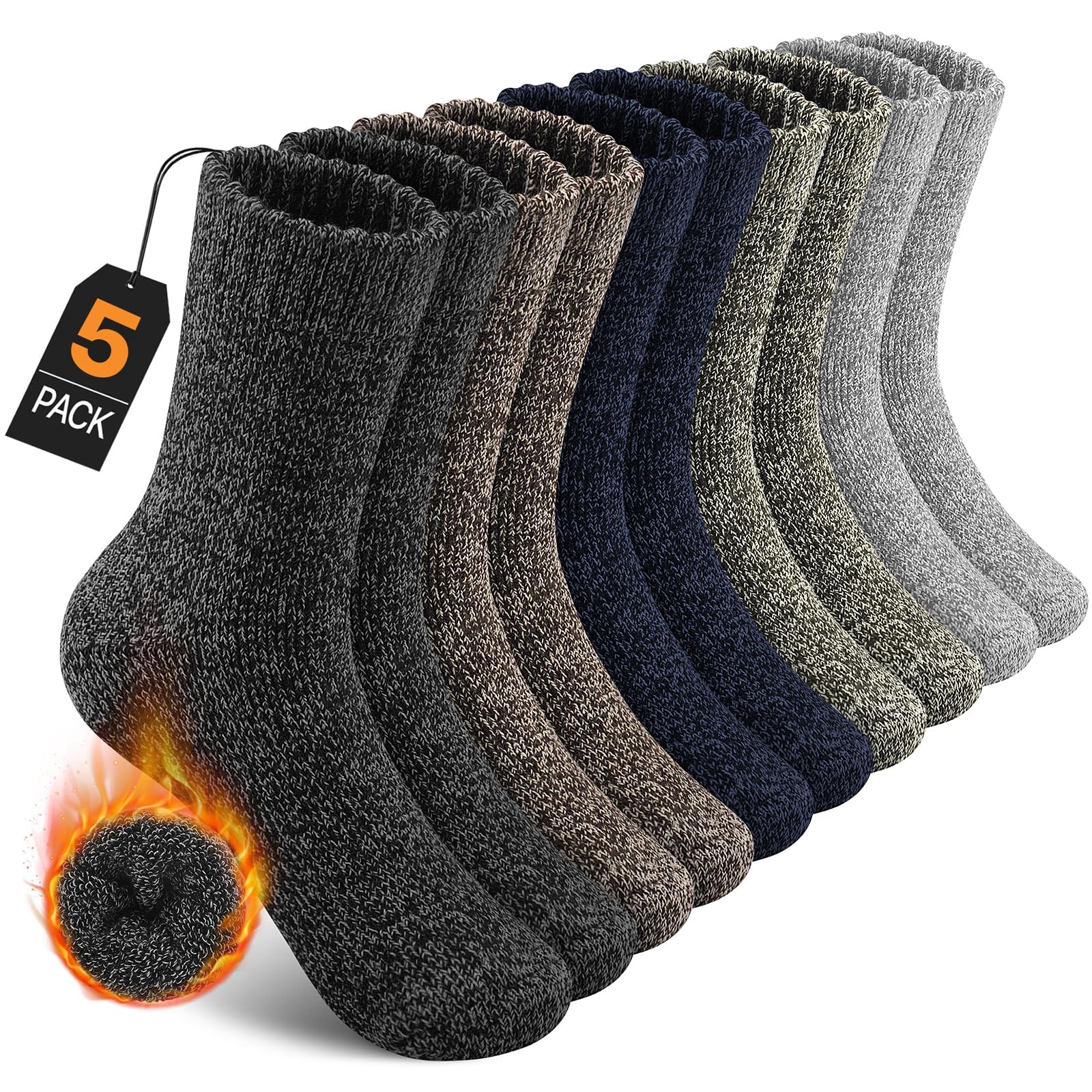 UUMIAER Merino Wool Socks for Men - 5 Pairs Thermal Thick Wool Hiking Socks Outdoor Cushioned Crew Socks (US Size 13-15)