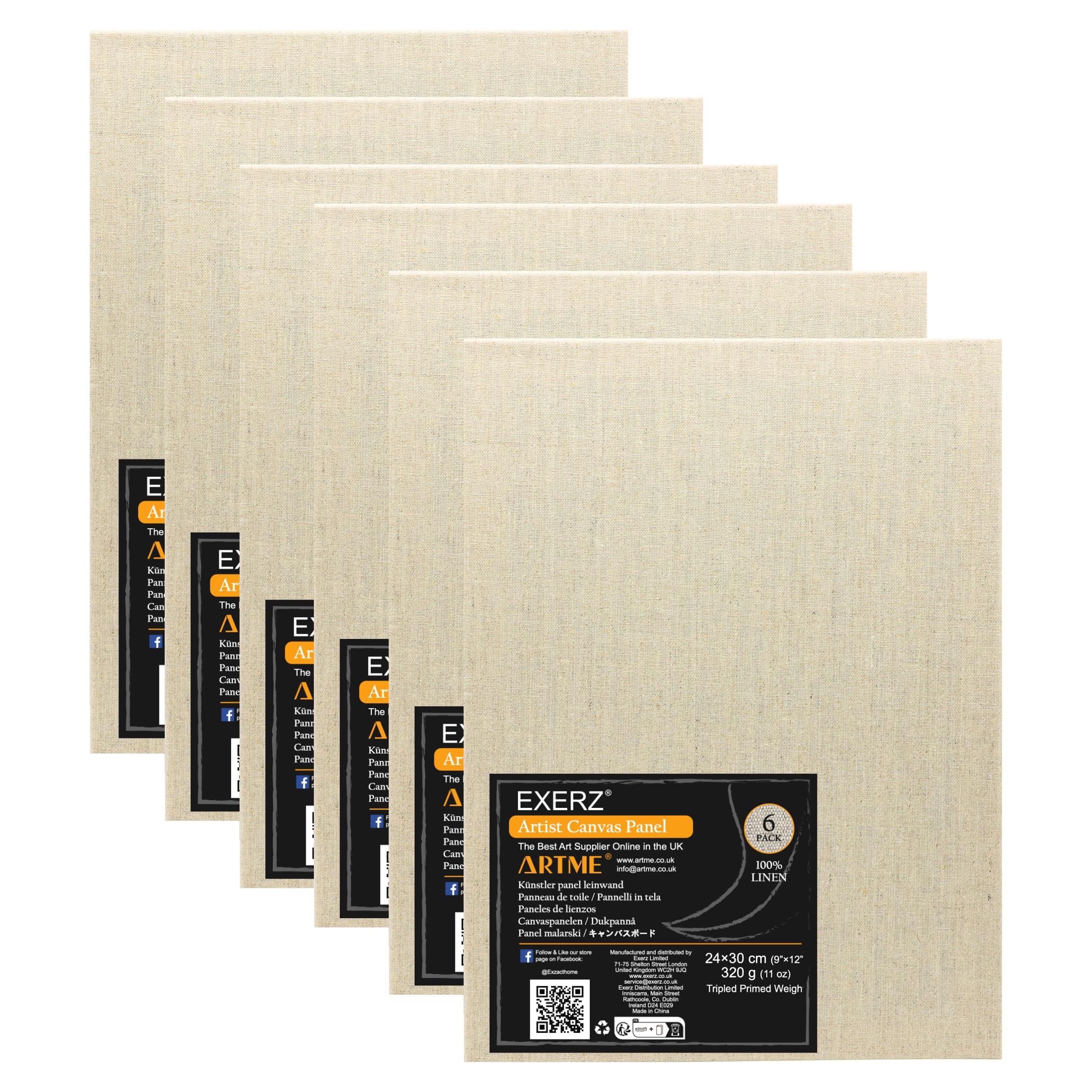 Exerz 24x30cm Linen Canvas Panels 6pcs - 3mm 320gsm 100% Linen Artist Canvas Board/Triple Primed/Acid Free/Medium Grain - Oil & Acrylic