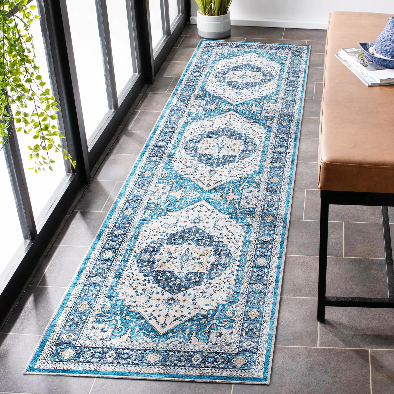 Carvapet Washable Hallway Runner Rug 60x240cm Long Thin Rug Runner Blue Area Rug Vintage Medallion Floor Carpet Rugs for Living Room Corridor Kitchen