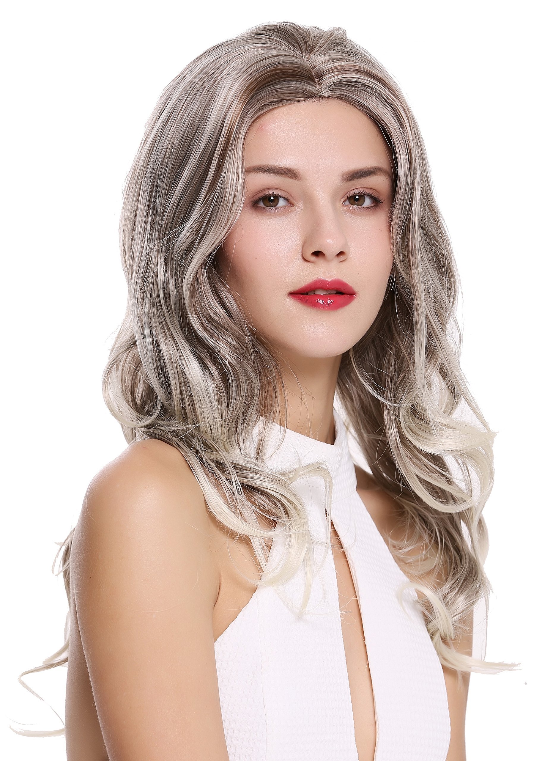 WIG ME UP - DW1595-859T Lady Quality Wig long wavy slightly curled middle parting streaked mix brown light blond highlights