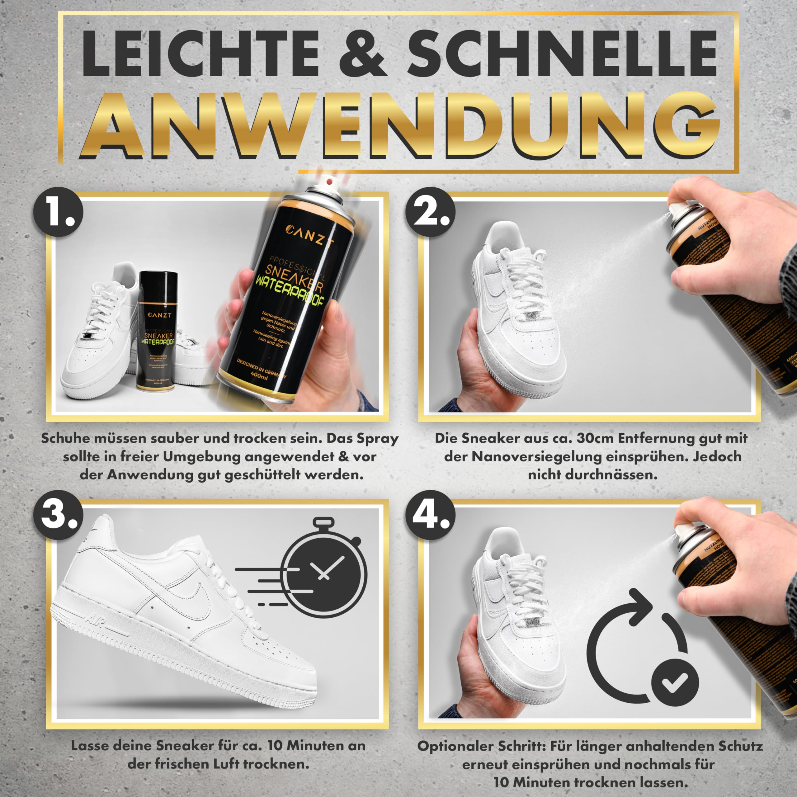 Canzt Imprägnierspray Schuhe 400ml – Schuh Imprägnierung für Wildleder, Leder, Nubuk & Textilien – Wasser- & Schmutzschutz für Sneaker & Outdoor-Schuhe 5