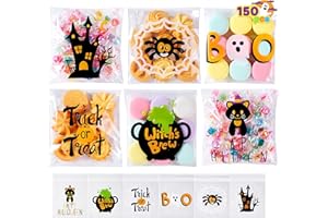JOYIN 150 PCS Halloween Cellophane Treat Bags, Self Adhesive Clear Cookie and Candy Bags for Kids Trick or Treating, Small Goodie Gift Ziplock Bag Bulk for Halloween Party Favors Supplies in 6 Designs