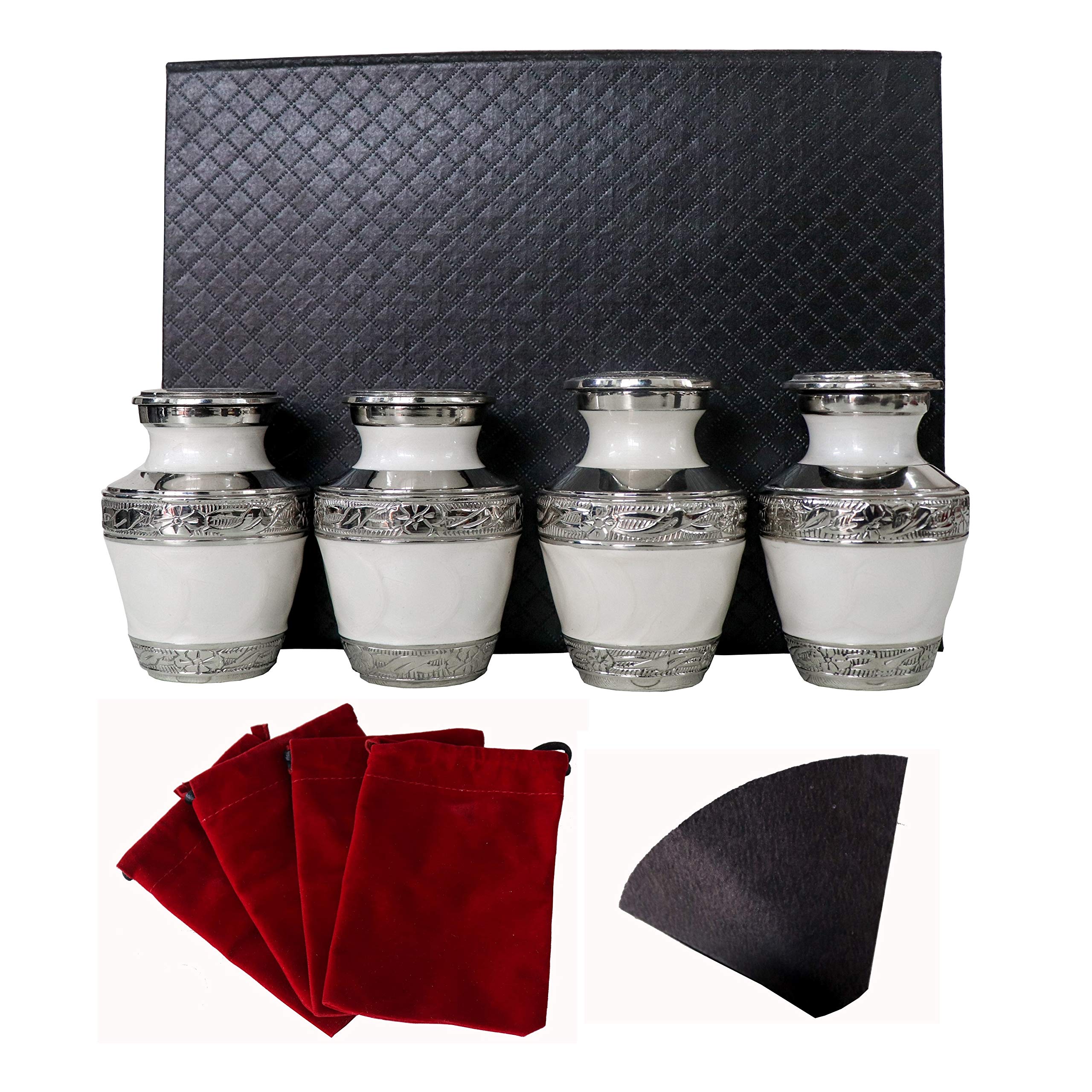 THE ASCENT MEMORIAL White URNS & Keepsake Set of 4 with Gift Box | White Keepsake Box Set of Four with 4 Velvet Carry Bags, A Funnel and A Premium Gift Box