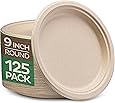 100% Compostable 9 Inch Paper Plates [125-Pack] Heavy-Duty Plate, Natural Disposable Bagasse Plate, Eco-Friendly Made of Sugarcane Fibers - Natural Unbleached Brown 9" Biodegradable Plate by Stack Man