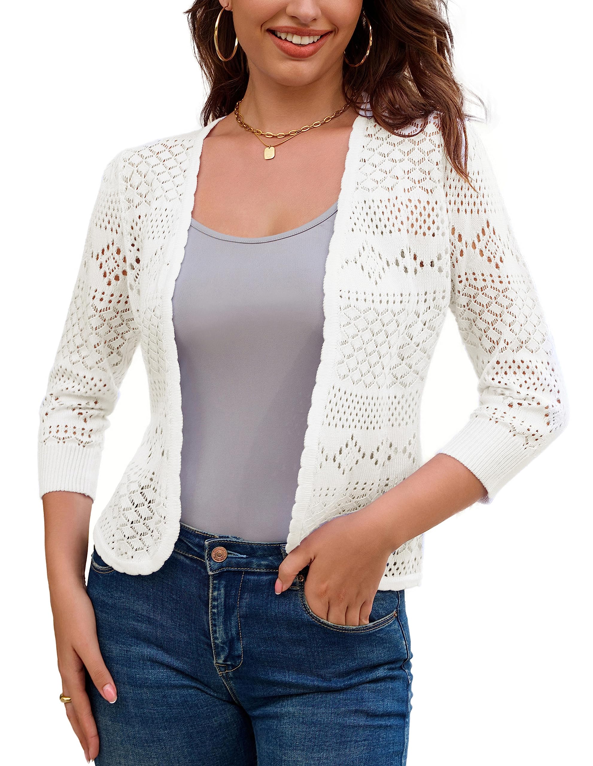 Photo 1 of 2023 Women's 3/4 Sleeve Cropped Cardigan Sweater Bolero Open Front Short Shrugs Solid Cardigans Ivory White L