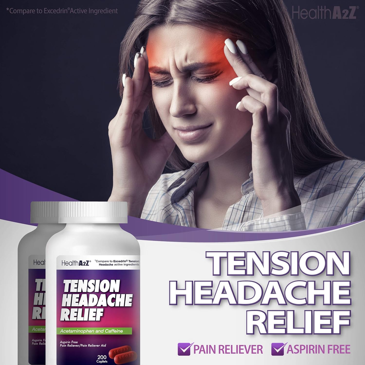 HealthA2Z Tension Headache Relief, Aspirin Free, Compare to Excedrin Active Ingredient, 200 Caplets: Health & Personal Care