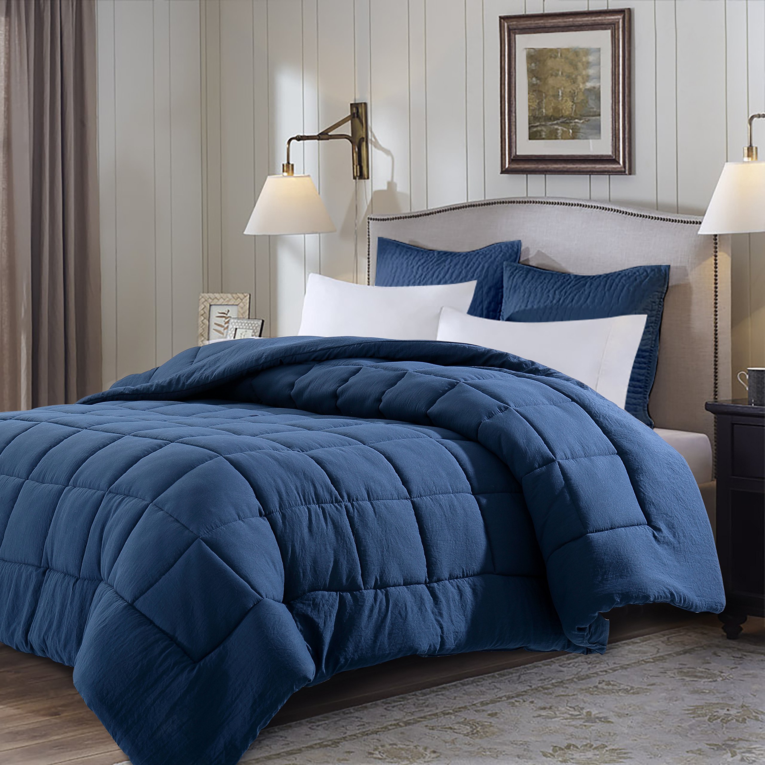 Evolive All Season Pre Washed Soft Microfiber White Goose Down Alternative Comforter (Navy, King)
