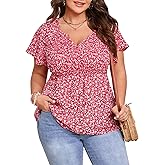 ShopWonder Women Plus Size V Neck Peplum Tunic Tops Casual Short Sleeve Babydoll Shirts Swing Flowy Blouse Tops