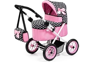 Bayer: Trendy Pram - Hearts Black & Pink - Includes Matching Shoulder Bag, for Dolls Up to 18", Foldable, Kids Pretend Play T