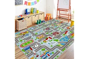 Capslpad Sky Blue Car Road Kid Rug Carpet Playmat for Playoom Traffic Road Kids Play Mat for Toddler Non Slip Washable City Map Race Track Carpet Rug for Kids Room Bedroom Nursery Room Decor,6.6'x5'