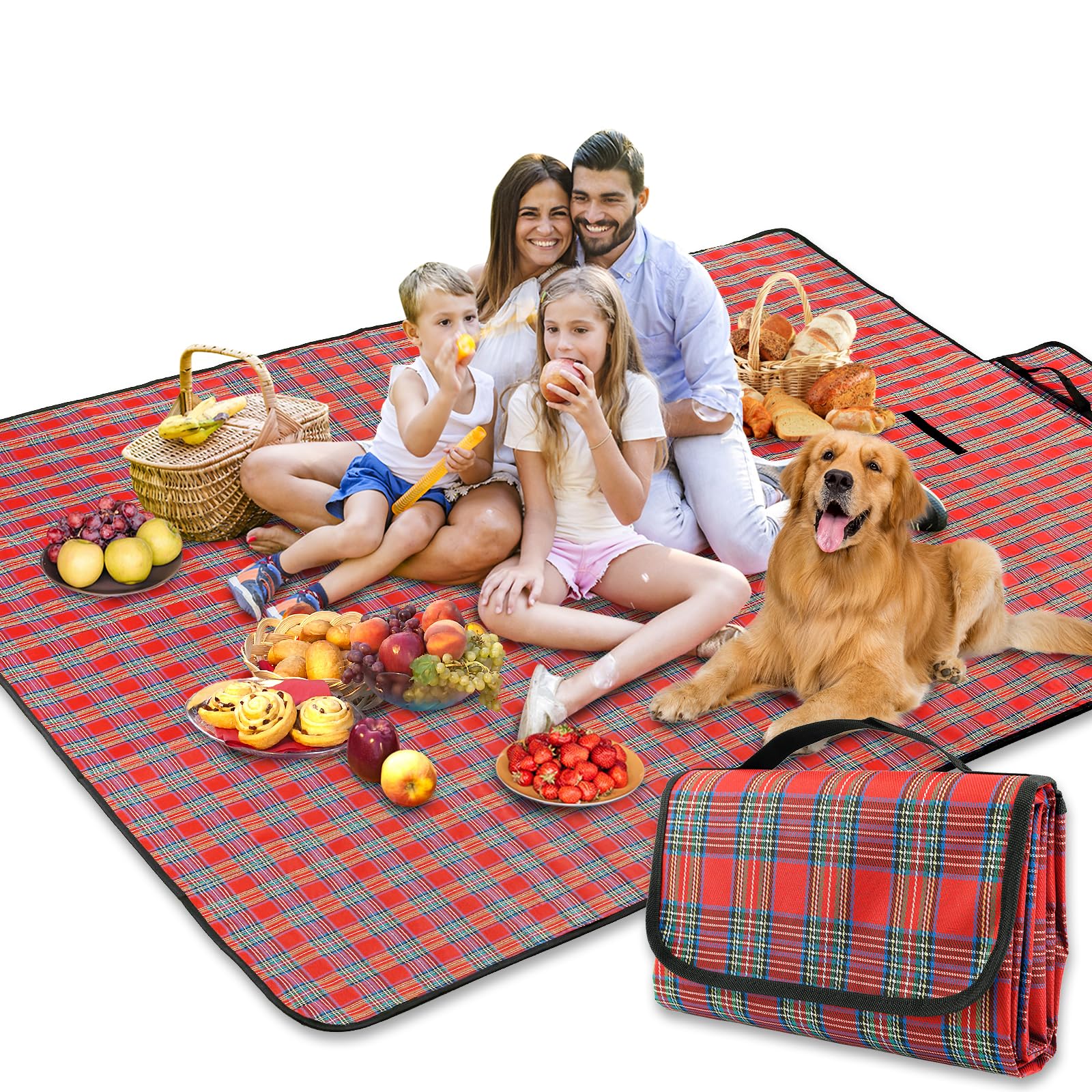 SOMIYAMI Tartan Picnic Blanket Waterproof, Garden Outdoor Camping Blanket, Beach Picnic Mat With Carrying Handle, Washable Multipurpose 150 x 200cm (Red)