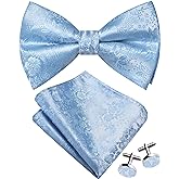 GUSLESON Mens Floral Bow Tie Handkerchief Jacquard Woven Adjustable Pre-Tied Bowties Pocket Square Cufflinks Set