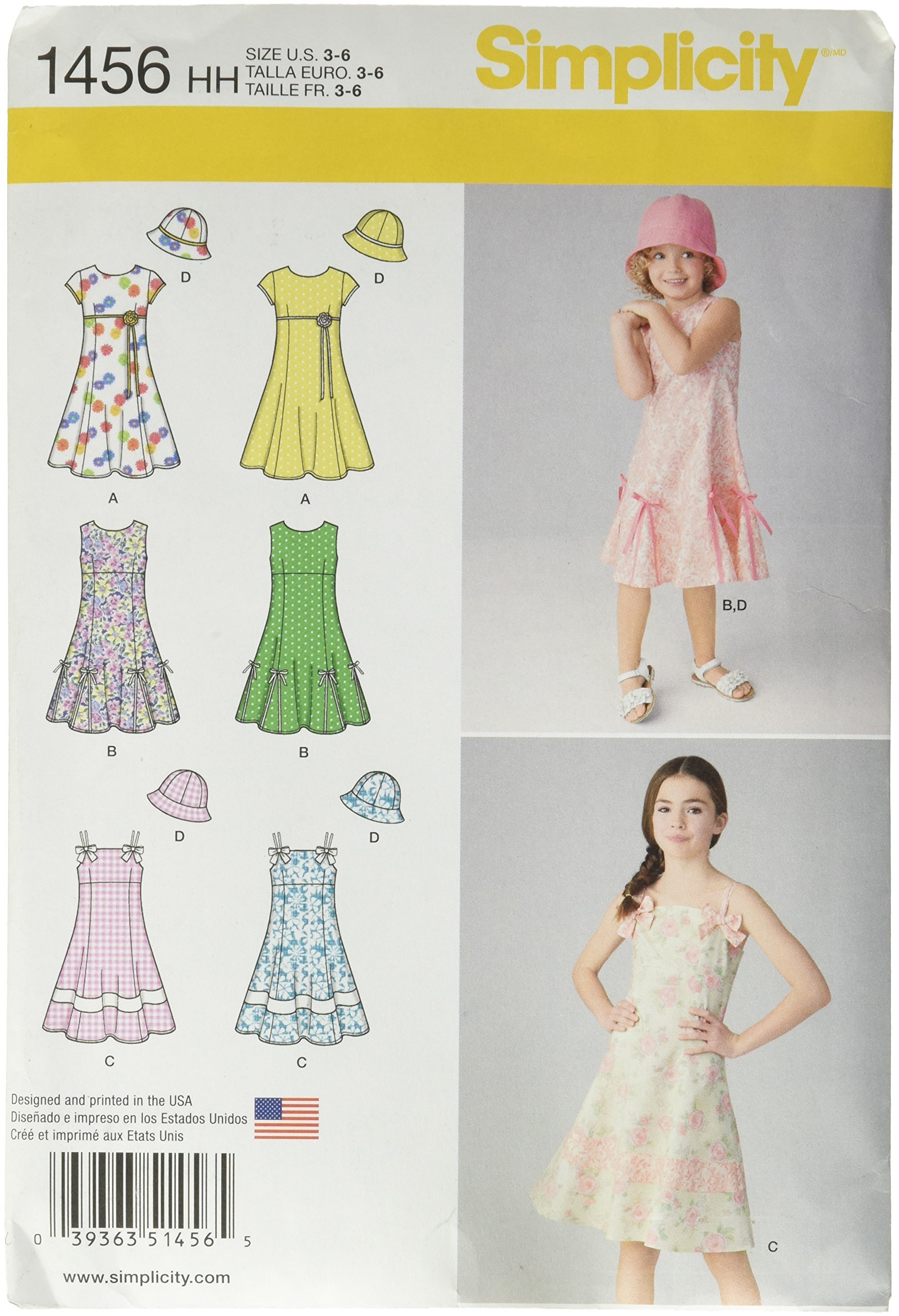 Simplicity Sewing Pattern 1456: Child's and Girls' Dress with Bodice Variations and Hat, Size, Paper, White, HH (3-4-5-6)