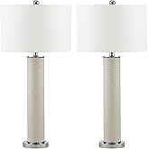 SAFAVIEH Lighting Collection – Set of 2 Ollie Modern Contemporary Cream Faux Woven Leather 32-Inch Table Lamps, LED Bulbs Inc
