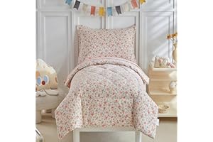 DuShow Toddler Bedding Set for Girls,4 Pieces Floral Toddler Girl Comforter Set,Super Soft Reversible Toddler Sheet Set,Lightweight Crib Bed Set -Pink