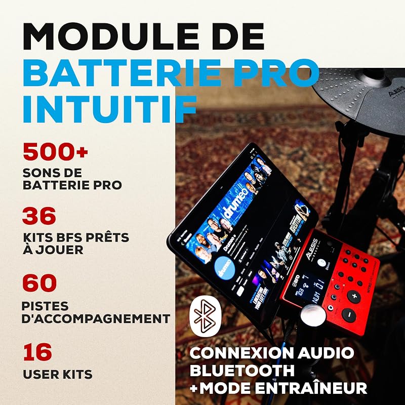 Nitro Pro batterie électronique avec pads double zone silencieux, plus de 500 sons BFD, Bluetooth, Drumeo, MIDI USB, compatible double pédale