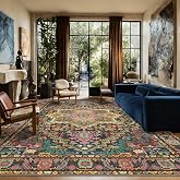 9x12 Black and Pink Moody Vintage Boho Oriental Soft Washable Area Rug | Low Pile Non-Slip Carpet with Distressed Medallion; Bohemian Style for Spacious Living Rooms, Girl Bedrooms or Open Layouts