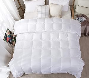 Confibona Lightweight 100% Natural White Goose Down Blanket Comforter for Summer Warm Weather,750Fill Power, Machine Washable,Super Soft Cotton Shell with No Sound, White, Queen Size