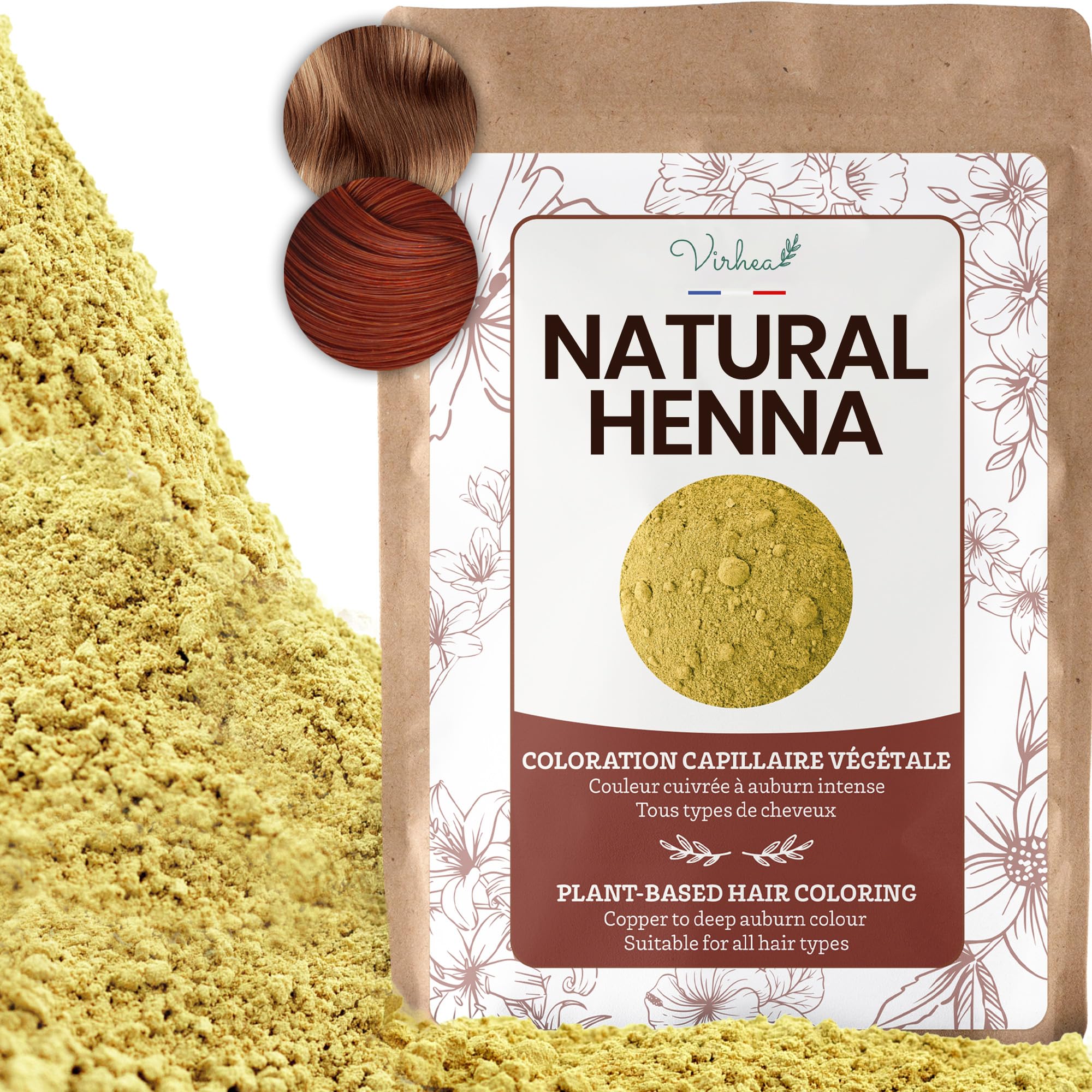 VIRHEA® Natural Henna Powder 500g - Pure Herbal Hair Dye for Rich Color - Chemical-Free Conditioning Treatment - Long-Lasting Shine and Nourishment - Ideal for All Hair Types