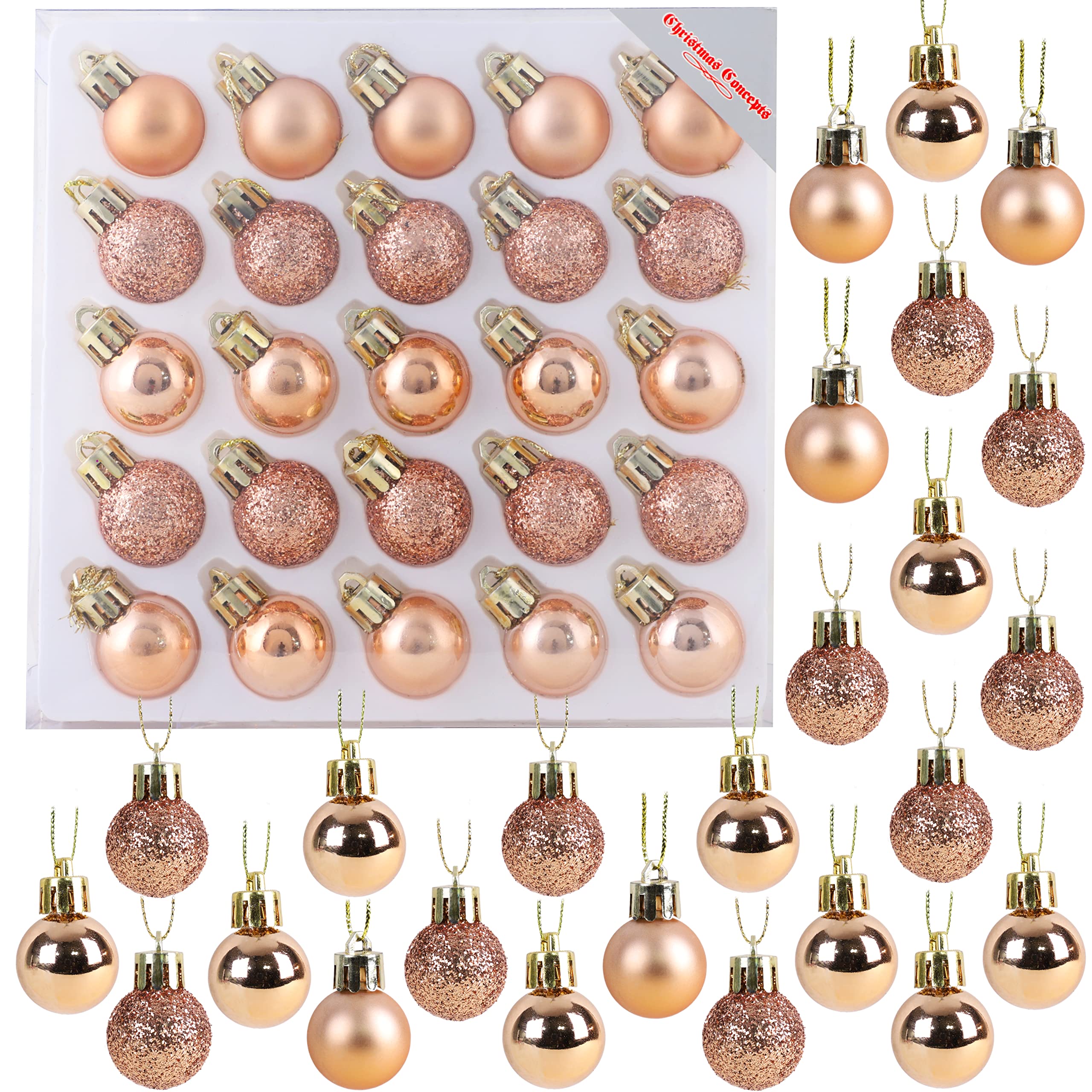 Christmas Concepts® Pack of 25-25mm (1") Mini Christmas Tree Baubles - Shiny, Matte & Glitter Decorated Baubles (Rose Gold)