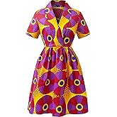 SHENBOLEN Women African Floral Print Dress Ankara Wax Short Sleeve Dresses