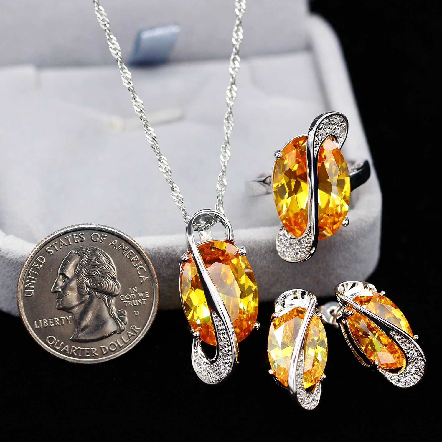 Uloveido Female Rhodium Plated Brass Yellow Oval Zircon Link Chain Necklace Rings and Charm Earrings Engagement Wedding Party Jewelry Set (Silver - Image 4