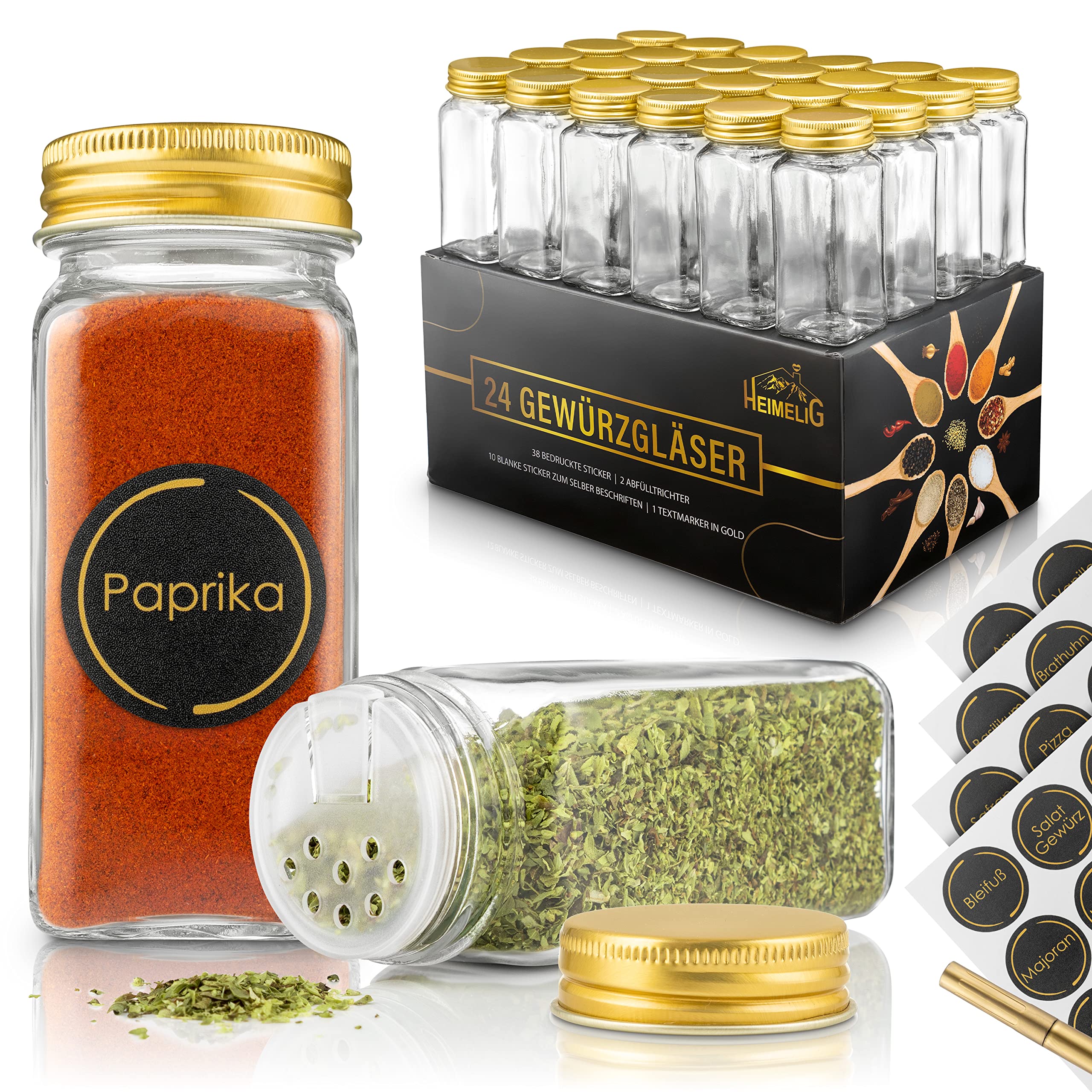 HEIMELIG Premium Spice Jars Set with Gold Lid and Shaker Insert, 48 x Labels Pre-Printed and for Labelling with Extra Gold Pen, 2 x Paper Funnels for Filling