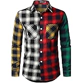 KEPUTAY Men Women Color Block Plaid Shirt Patchwork Plaid Shirts Button Down Long Sleeve Casual Shirts