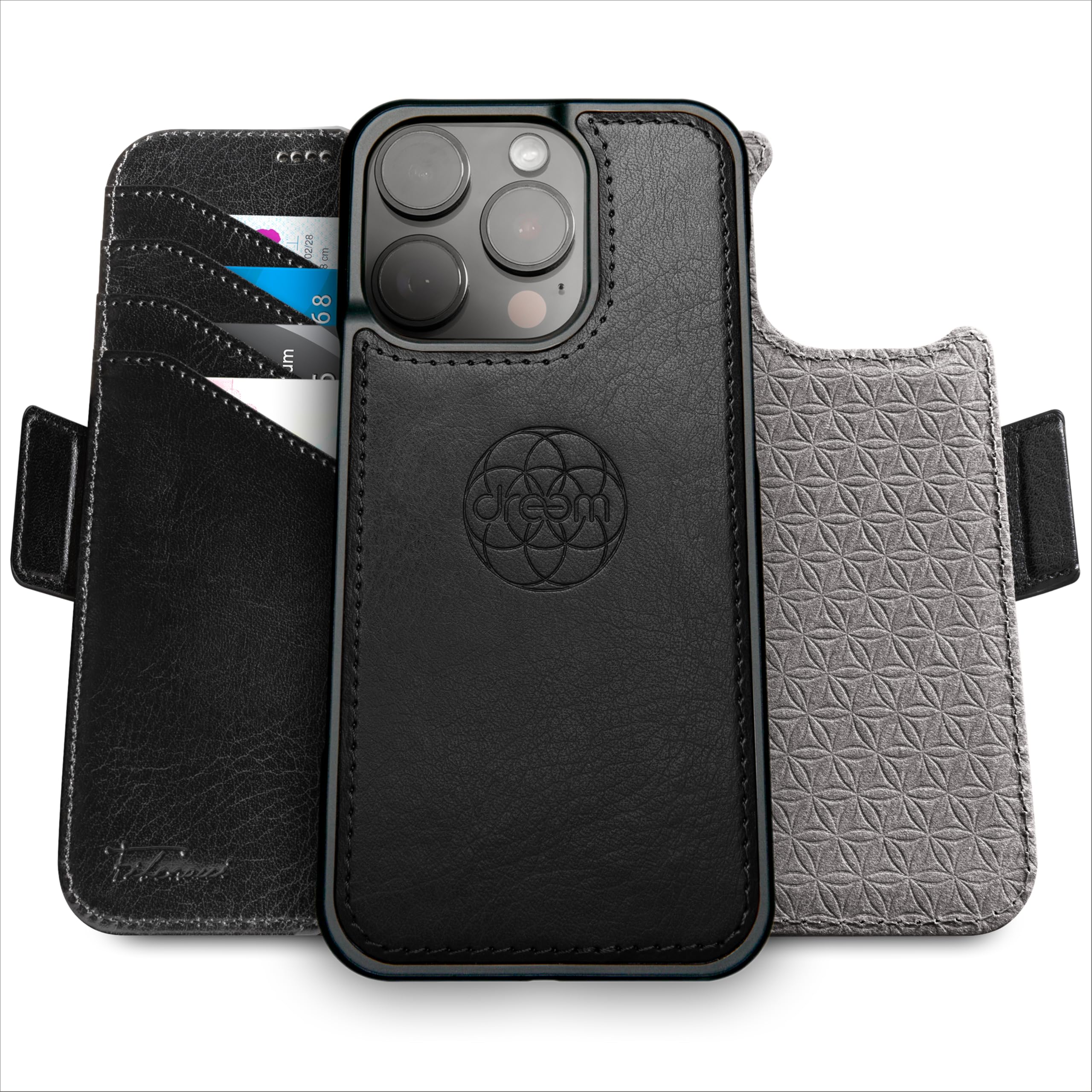 dreem Wallet Case for iPhone 16 Pro Max, Revolutionary Vert/Hor Phone Stand, Magnetic Detachable Vegan Leather Flip Cover RFID Blocking Card Holder, MagSafe-Fit, Gift Box [Fibonacci: Black]