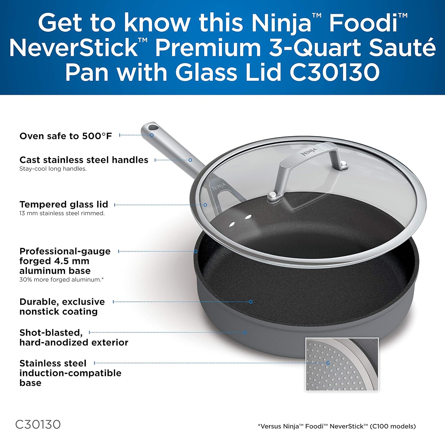 Ninja C30130 Foodi NeverStick Premium Hard-Anodized 3-Quart Sauté Pan with Glass Lid, slate grey: Kitchen & Dining