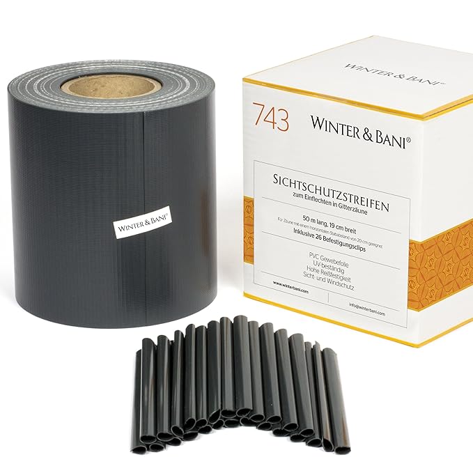Winter & Bani Sichtschutzstreifen 50 Meter x 19 cm inkl. 26 Clips | Diverse Farben (50 m, Anthrazit)