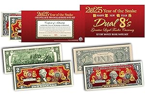 MERRICK MINT 2025 New Year of The Snake Uncirculated Two and One Dollar Bill Special Edition Collectible Chinese CNY Set Dual 8’s Gold Matching Snakes in RED Lunar Envelope - Limited & Numbered