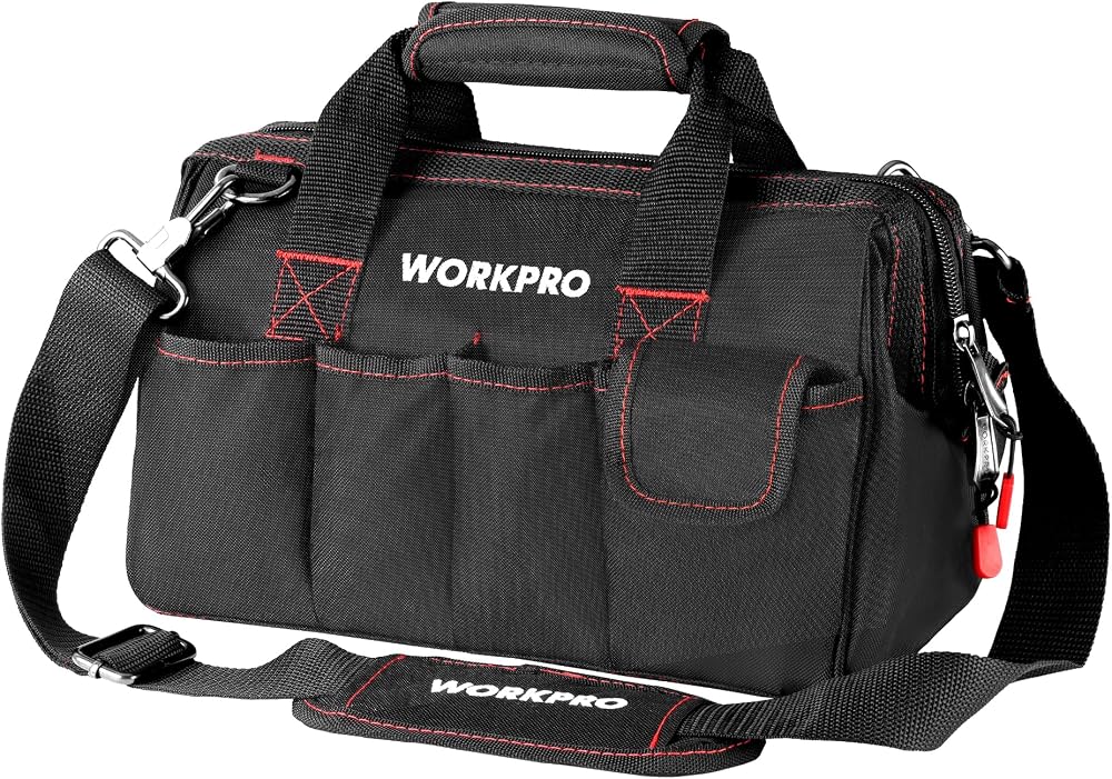 WORKPRO 12-inch Wide Mouth Tool Bag Black Red 600D Polyester Multiple Pockets