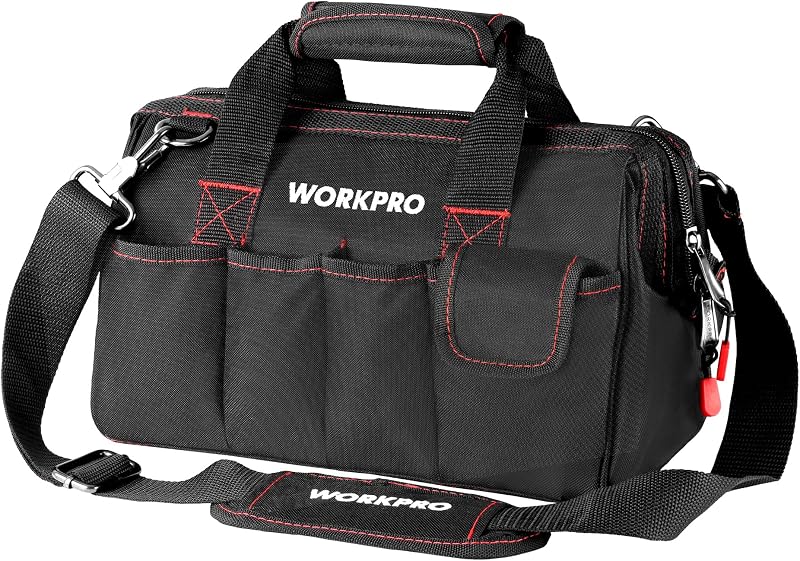 WORKPRO 12-inch Wide Mouth Tool Bag Black Red 600D Polyester Multiple Pockets
