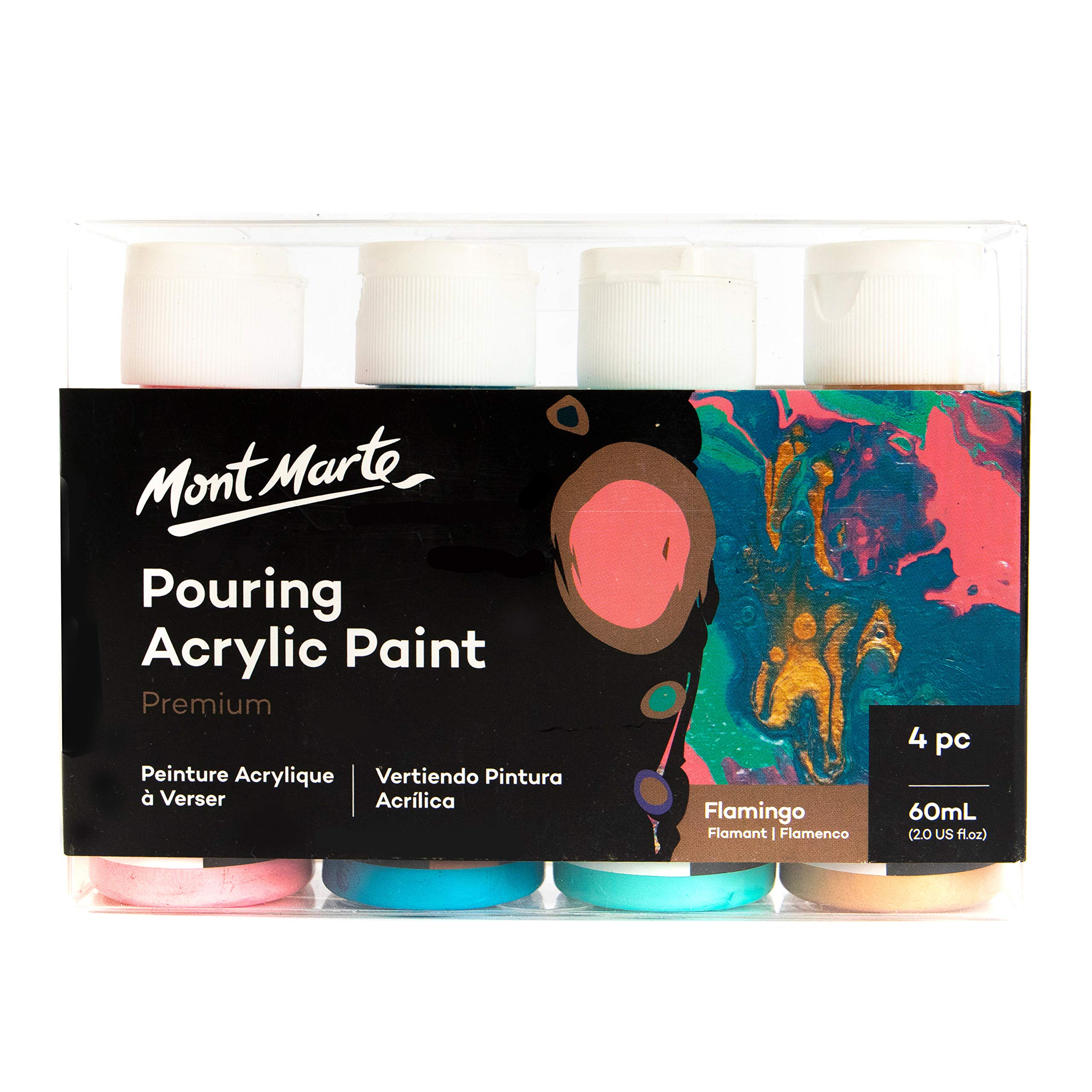 Mont Marte Acrylic Paints Pouring Set - Flamingo - 4 x 60ml - Pre-mixed with Medium - Pink, Phthalus Turquoise, Turquoise, Rose Gold