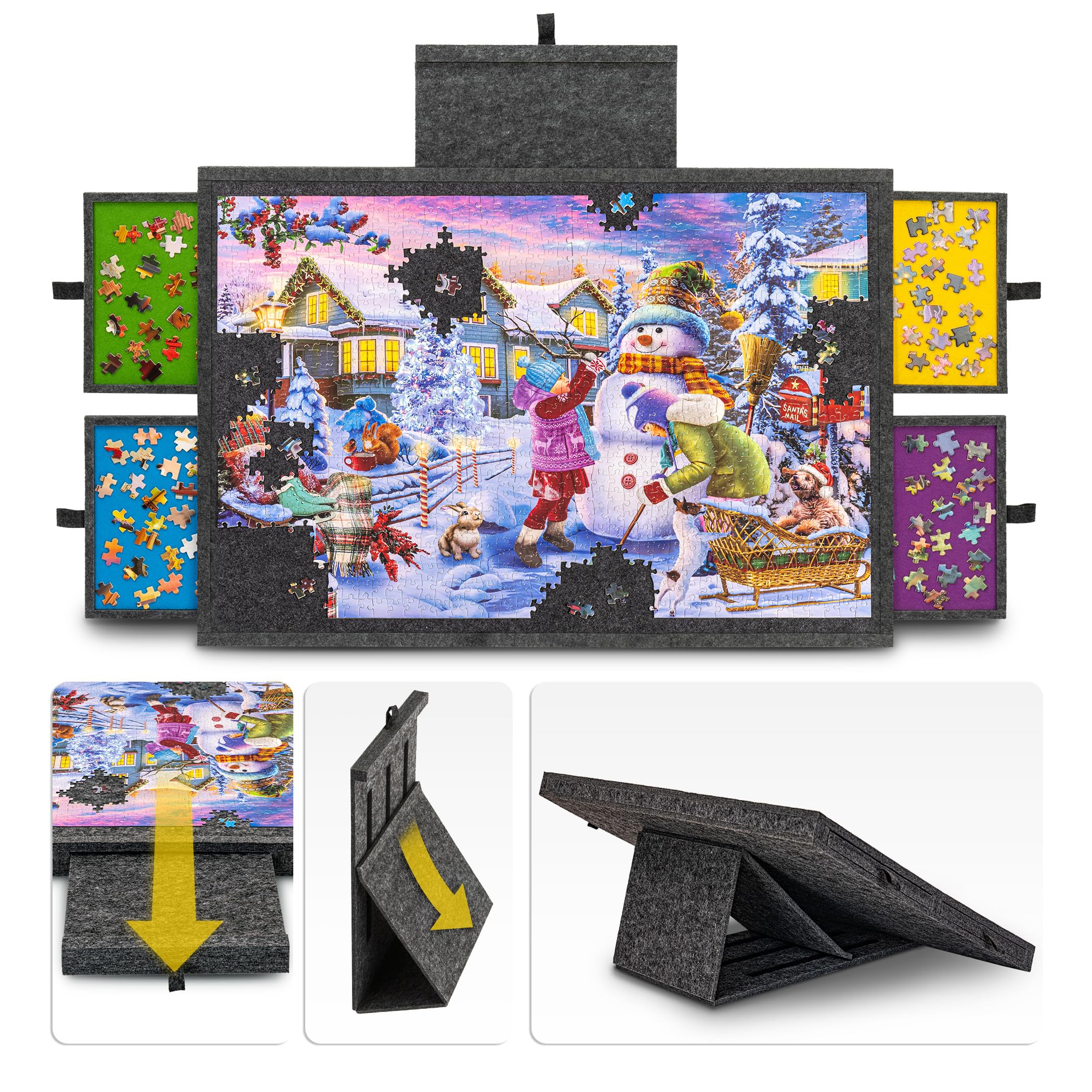 Tektalk Jigsaw Puzzle Table with Integrated Adjustable Stand/Bracket, 3-Tilting-Angle Puzzle Plateau with Cover & 4 Sorting Drawers, Super Lightweight Felt Puzzle Board, for Up to 1000 Pieces - Gray