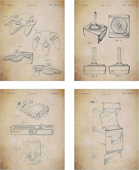 Amazon Game Room Decor オリジナルクラシックビデオゲーム特許アートプリント 4枚セット ビデオゲームポスター 8x10 フレームなし レトロゲームルーム壁装飾 インテリア オンライン通販