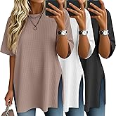 Baggyfly 3 Pack Women's Oversized Waffle Knit Short Sleeve Tops Side Split Crewneck Loose Long T-Shirts Summer Casual Tees