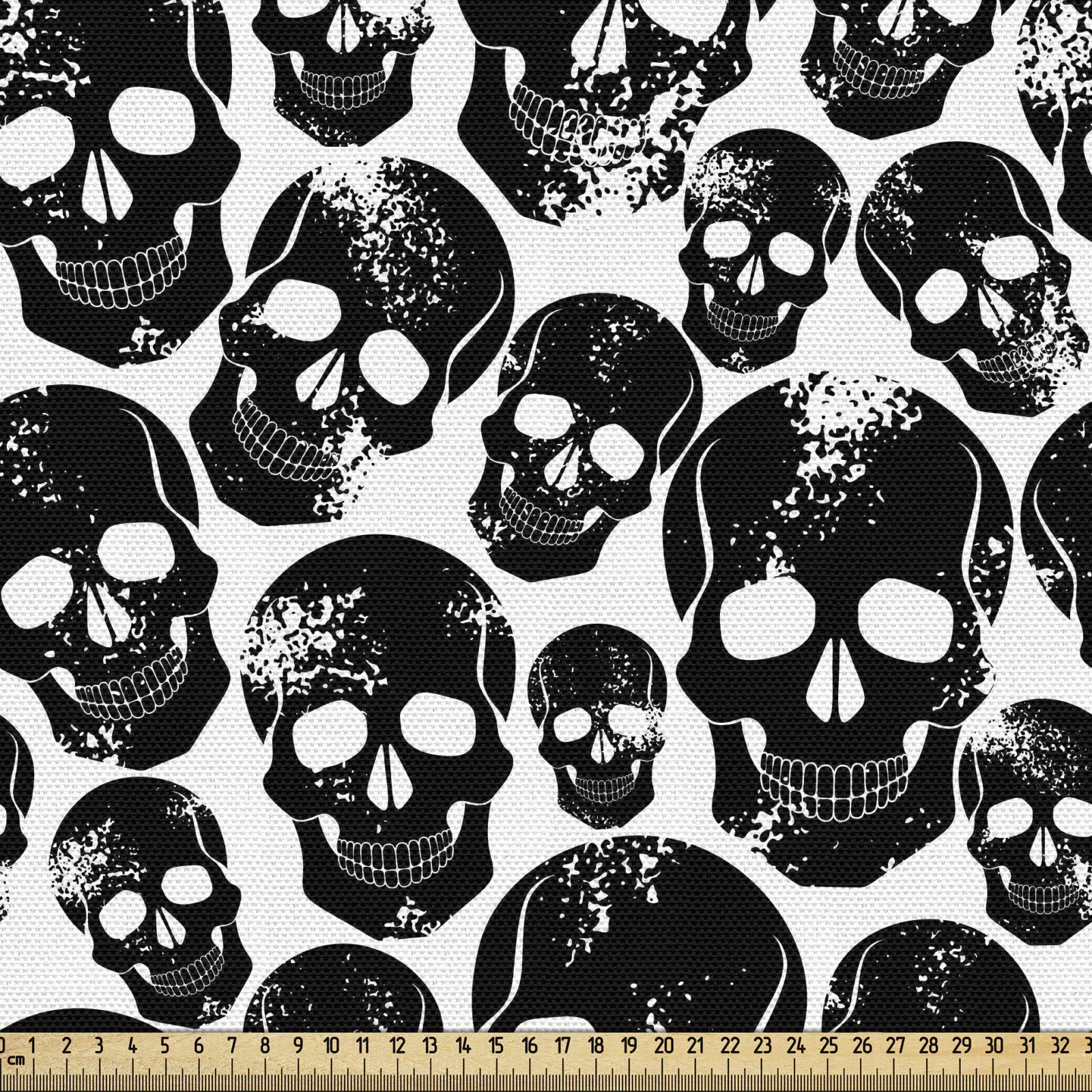 ABAKUHAUS Gothic Fabric by the Yard, Grunge Black Human Skulls on White Backdrop Evil Men Fear Horror Death Skeleton, Fabric for Upholstery and Home Decor Accents,1M (148x100cm), Black White