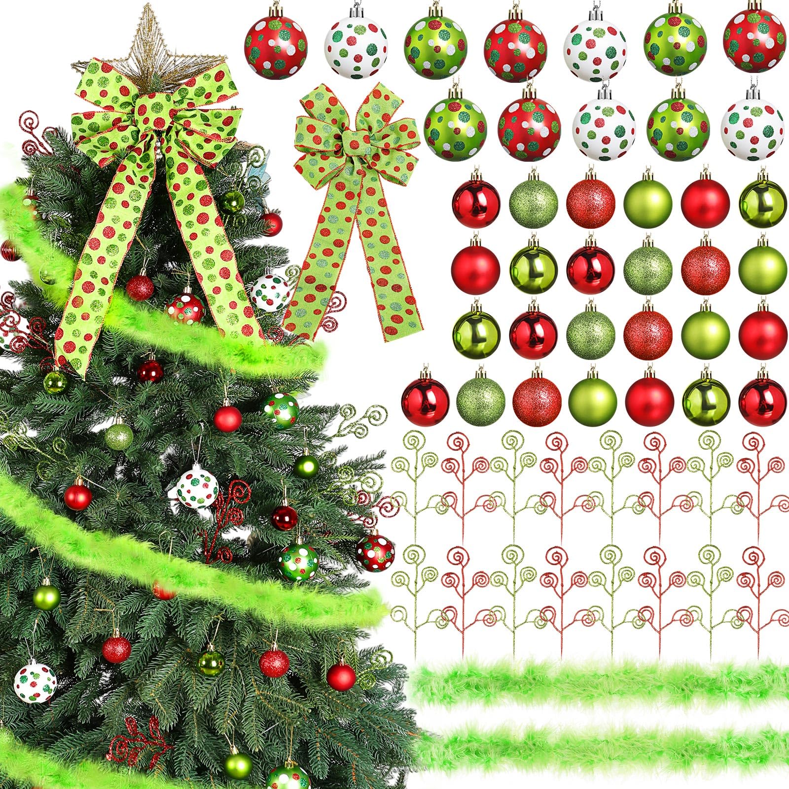 Photo 1 of Vercraft 55 Pcs Christmas Tree Ornaments Set Including Red Green Polka Dot Balls Tree Topper Bow Candy Curly Sticks Feather Trims for Home Indoor Christmas Party Decor