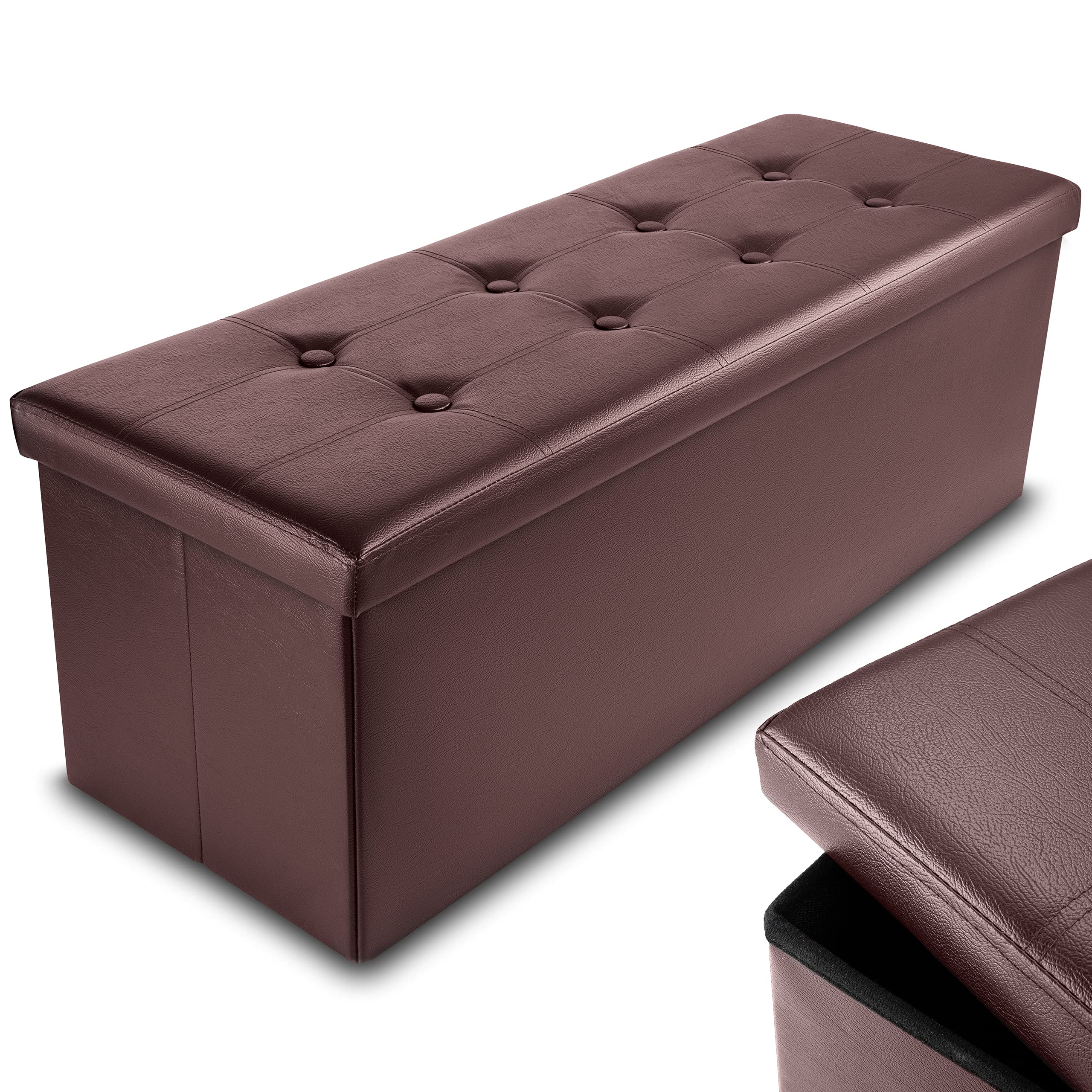 Nyxi Faux Leather 110 * 38 * 38 cm Brown Ottoman Foldable Storage Boxes Seat Foot Stool Storage Box with Lids for Kids Toys, Bedroom, Hallway, Living Room